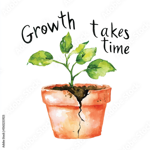 Watercolor Sapling in Cracked Terracotta Pot Growth Takes Time