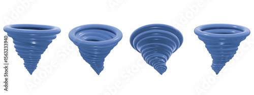 This 3D tornado icon set includes dynamic spiral shapes in a glossy cartoon style. Rendered in various perspectives and thicknesses. Vector graphic, isolated.