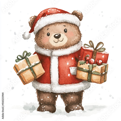 Watercolor Santa Bear with Gifts Amidst Gentle Falling Snowflakes