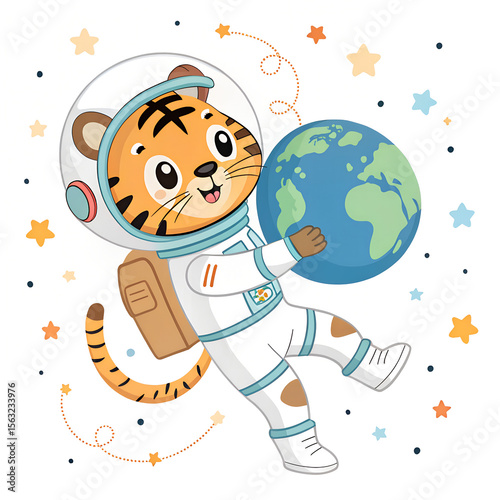 Cute cartoon tiger astronaut holding Earth in outer space with stars background