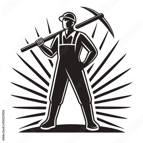 Strong miner holding pickaxe retro design