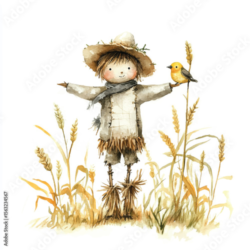 Watercolor Scarecrow with Bird Perched on Wheat Stalks Autumnal Scene