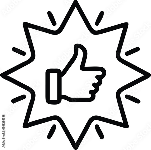Outline thumbs up icon inside starburst for approval or like symbol