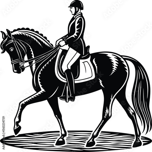 Black and white vector silhouette illustration of a horse and rider galloping, a dynamic equestrian sport art, performance, agility, form