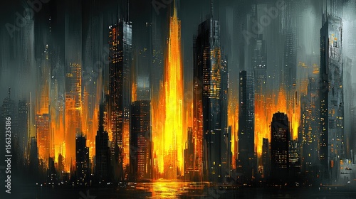 City on fire urban landscape nighttime digital art fiery skyline futuristic dramatic
