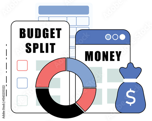 A Pie Chart Displaying Percentage Wise Budget Split With Money Bag and Category Icons in a Clean Minimal Financial Infographic Design