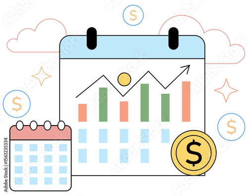 Bar Graph Illustrating Future Revenue Projections With Calendar and Coin Icons in a Clean Minimal Flat Vector Style for Financial Forecast and Planning