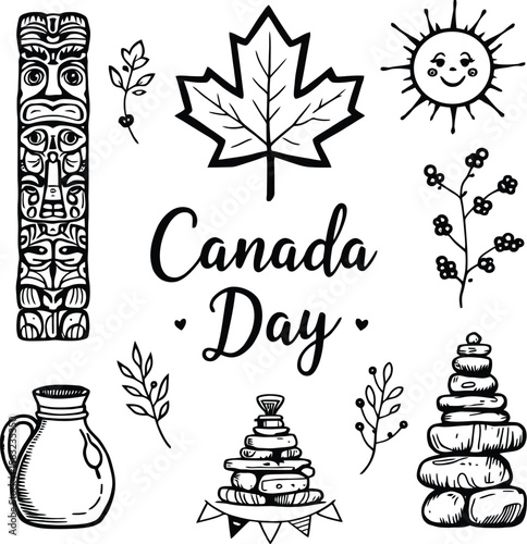 Canada Day illustration with maple leaf, totem pole, smiling sun, inukshuks, pitcher, hearts, and floral accents in black and white
