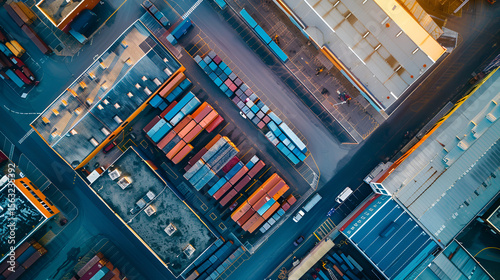 Aerial view showcases container yard with intermodal freight transport, logistics, and industrial buildings.