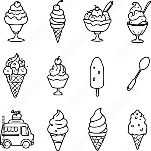 Ice cream icon set in 4x3 grid featuring sundaes, soft serve cones, scoops, popsicle, spoon, and ice cream truck in line art style