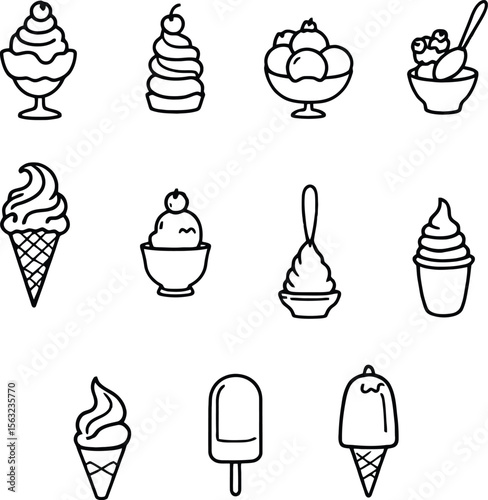 Ice cream dessert icon set with 10 black and white line drawings including cones, sundaes, scoops, soft serve, cups, and popsicles