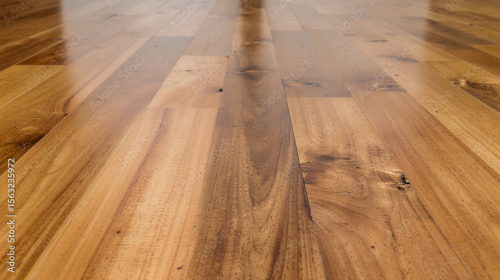 Fototapeta premium Polished Wooden Floor Wide-Angle, Low-Angle View of Parallel Wood Planks