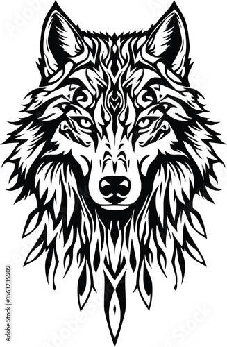 Intricate black and white tribal wolf head illustration with sharp linework, symmetrical patterns, and intense gaze symbolizing strength