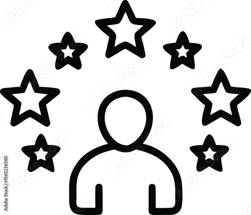 Person outline icon surrounded by stars, client testimonials or customer feedback