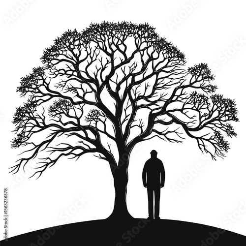 Man standing alone beneath a large leafless tree