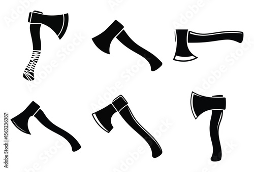 Collection of six axe silhouettes isolated on white background