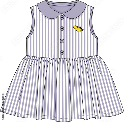 Cute striped baby girl sleeveless dress with purple collar, button front detail, pleated skirt, dinosaur patch, summer toddler clothing design, fashion flat sketch.