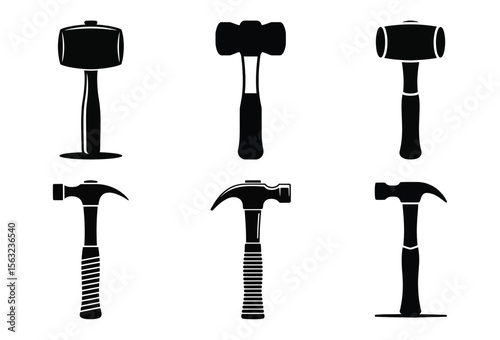 Collection of six different hammer silhouettes isolated on white background