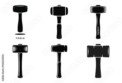 Collection of six different sledgehammer and mallet silhouettes isolated on white background