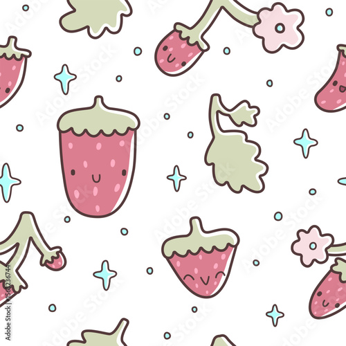 Seamless pattern with cute cartoon strawberries, pastel leaves, flowers, and stars. Kawaii hand-drawn characters,  adorable vector illustration