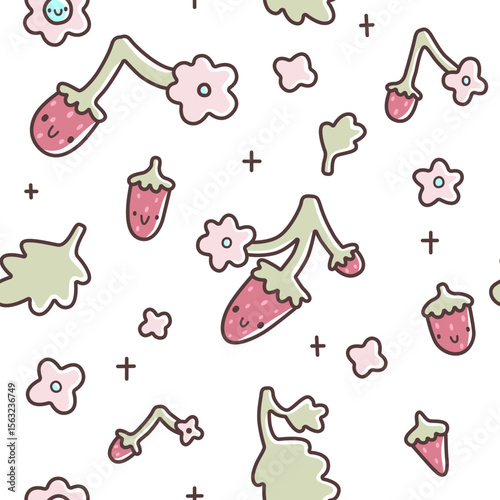 Seamless pattern with cute cartoon strawberries, pastel flowers, and leaves. Hand-drawn kawaii style vector illustration.