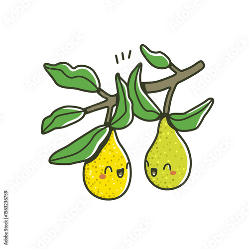 Cute cartoon pears with smiling faces hanging on a branch with green leaves. Hand-drawn vector illustration in kawaii style. Fun and cheerful design for kids and decoration.