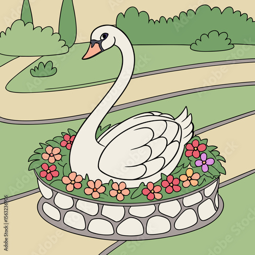 a cartoon of a swan in a flower bed