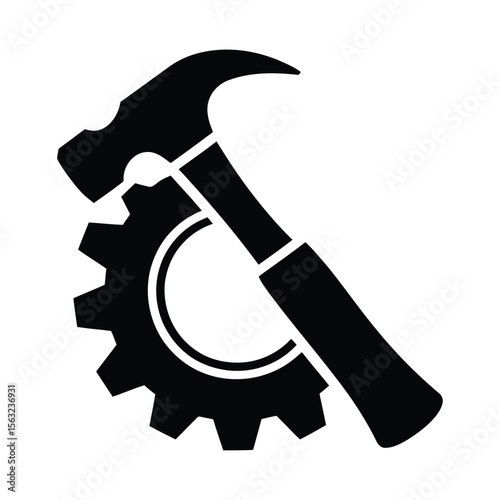 Hammer and gear silhouette symbolizing industry and craftsmanship isolated on white background