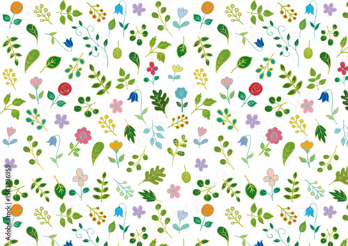 北欧風の小花と葉っぱのパターン1　Scandinavian Floral and Leaf Pattern Flat Seamless Design