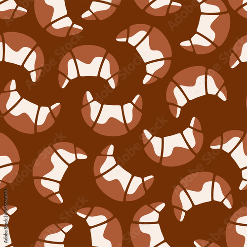 Seamless croissant pattern on brown background. Flat vector food illustration. Bakery and breakfast concept.