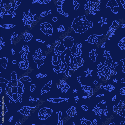 Seamless pattern with hand drawn marine animals including octopus, turtle, seahorse, jellyfish, squid, and fish on dark blue background.