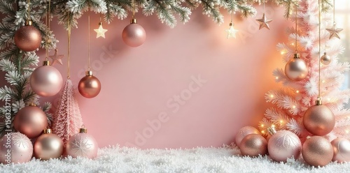 Elegant Christmas decorations in soft pink, gold, and white tones Perfect for a sophisticated holiday aesthetic Features ornaments, garland, and festive accents , beautiful, winter