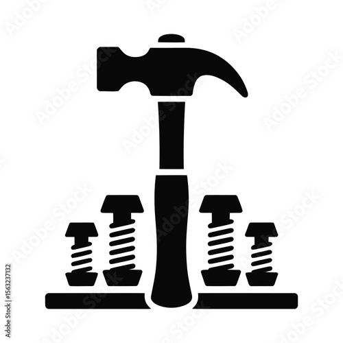 Hammer and screws silhouette isolated on white background