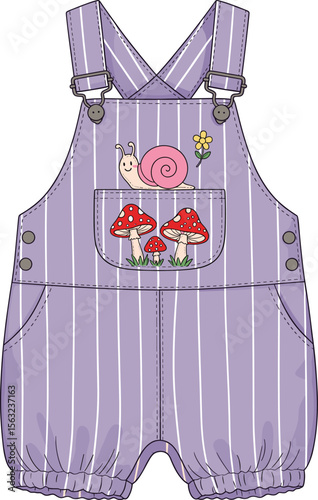 Cute toddler purple striped overalls with mushrooms, snail and flower patch, baby romper fashion design, front pocket detailing, elastic hem pants, kids clothing template.