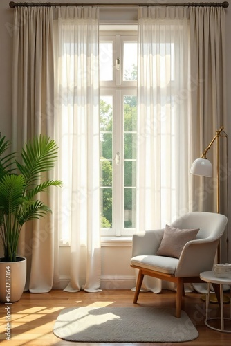 Elegant sheer curtains gently billowing in a breeze, filtering soft sunlight through a large window, creating a serene and bright interior space , natural light, contemporary