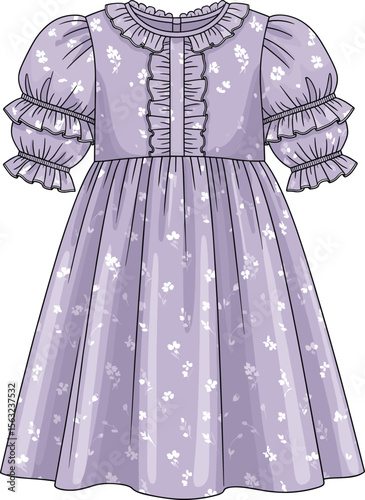 Elegant purple floral girl's dress with ruffle sleeves, vintage style clothing design, puff sleeves detail, long gown sketch, kids fashion illustration, baby party dress.