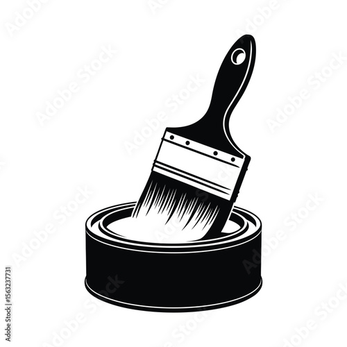 Paintbrush dipping into a can of white paint silhouette isolated on white background