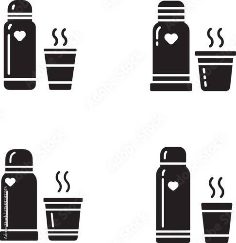 Set of four black icons featuring a thermos and a steaming cup