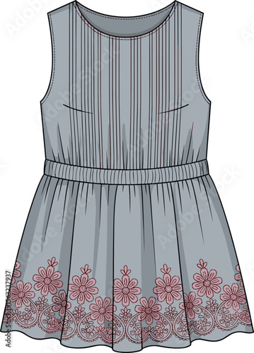 Stylish sleeveless girls dress with pink floral embroidery, waist belt detail, flowy silhouette, cute fashion flat sketch, elegant children’s outfit design, vector clothing template.