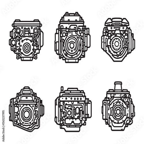 Simple and clear diesel engine schematic line vector art