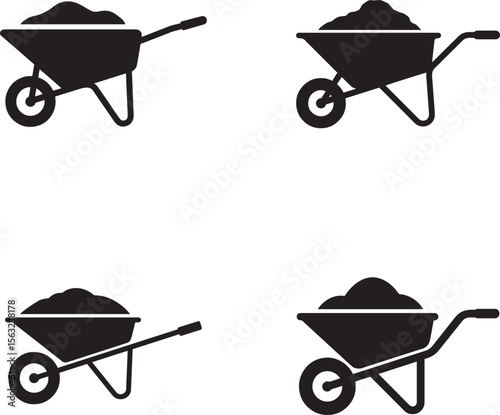 Set of four black silhouette icons of wheelbarrows filled with dirt
