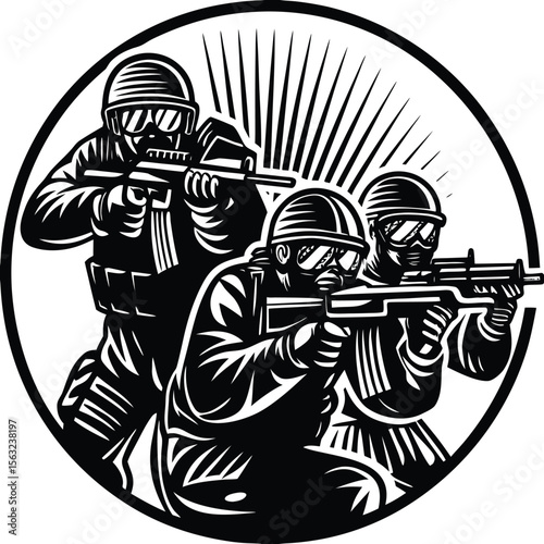 Retro vector illustration of a black silhouette hunter or soldier aiming a rifle, shadow, war, man, battle, person