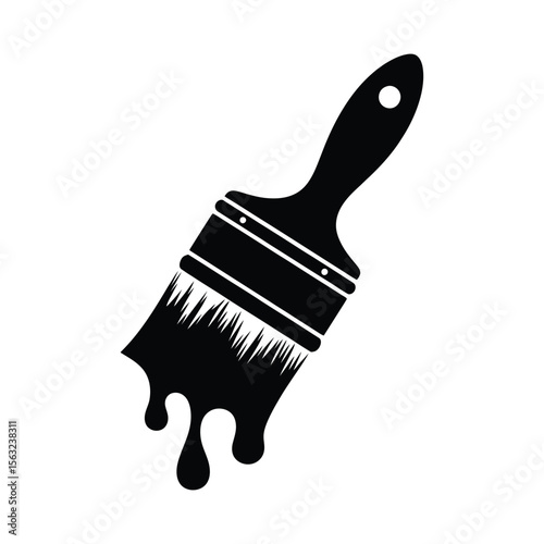 Black silhouette of a paint brush with dripping paint isolated on white background