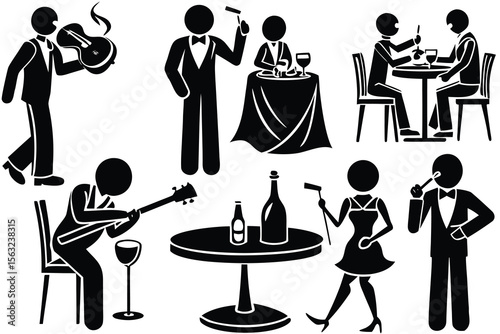 Stylized black and white figures enjoying music dining and drinking stylized figures