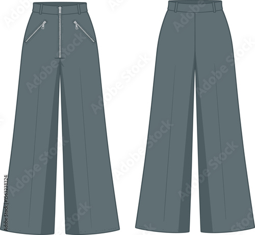 Women’s wide leg pants with zipper pockets, flat fashion sketch, front and back view, high waist trousers, stylish casual wear design, fashion illustration template.