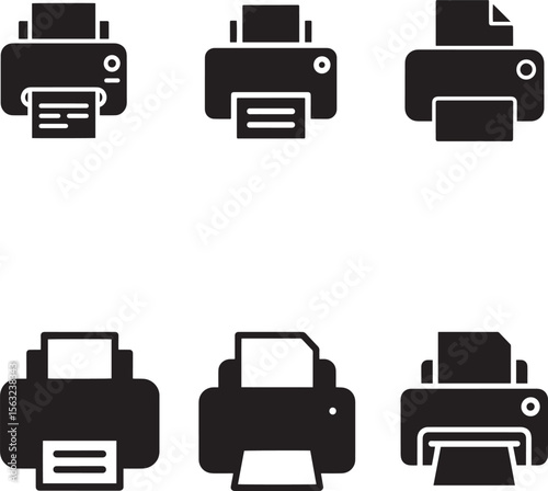 Collection of six black printer icons on a white background