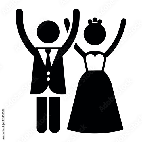 Stylized Wedding Icon Celebrating Bride and Groom Silhouette with Raised Hands in Celebration