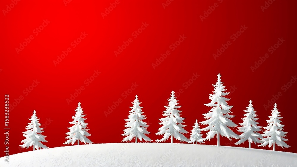 Obraz premium Red Background Minimalist White Christmas Trees Winter Scene