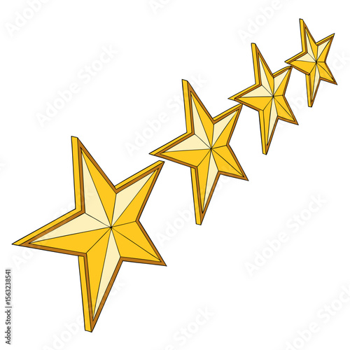 A row of five golden stars isolated on white background, representing a top rating or award for excellence and achievement