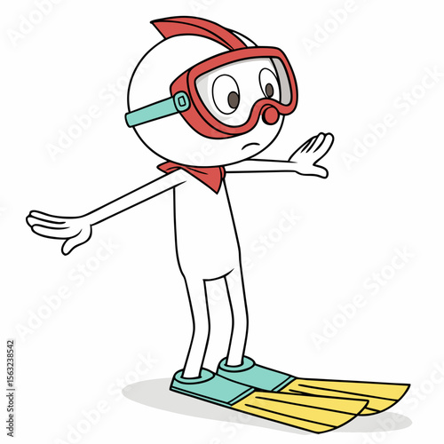 A cartoon character wearing a diving mask and fins, ready for a swimming adventure isolated on white background